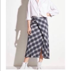 Vince Shadow Silk Plaid Side Drape Midi Skirt